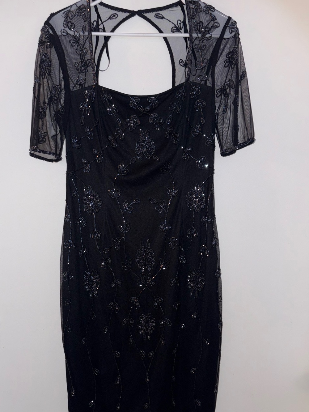 Adrianna Papell Black Beaded Mesh Overlay Cocktail Dress